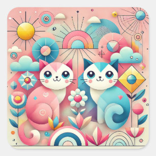 Cute Cartoon Cat Nature Gift For Cat Lovers Square Sticker