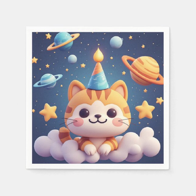 Cute Cartoon Cat On Cloud With Party Hat Napkin (Front)