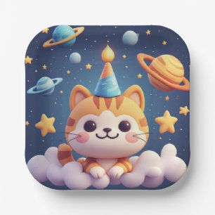 Cute Cartoon Cat On Cloud With Party Hat Paper Plate