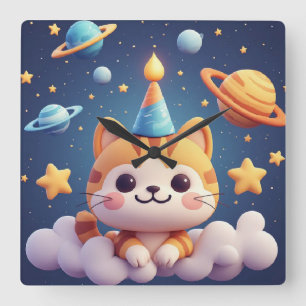 Cute Cartoon Cat On Cloud With Party Hat Square Wall Clock
