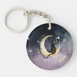 Cute Cartoon Cat on Moon Key Ring