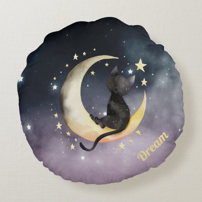 Cute Cartoon Cat on Moon Round Cushion (Back)