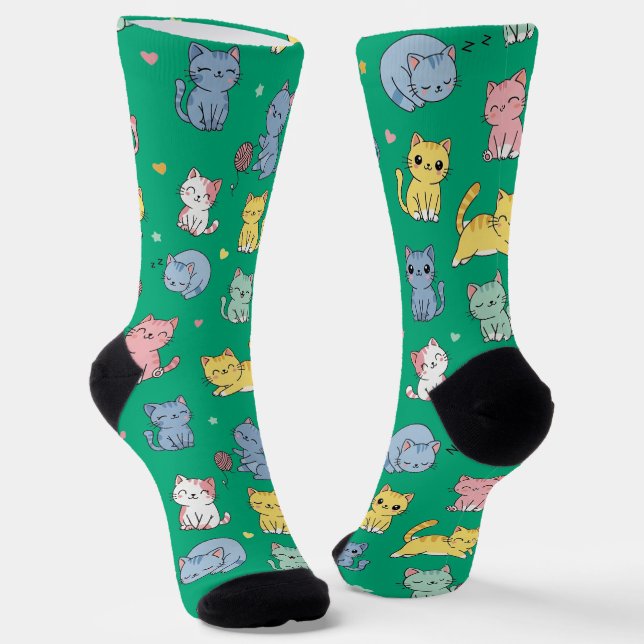 Cute Cartoon Cat Pattern Crew Socks (Angled)