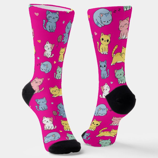 Cute Cartoon Cat Pattern Crew Socks (Angled)