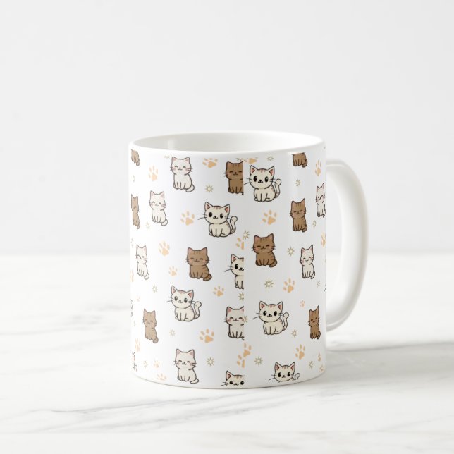 Cute Cartoon Cat Pattern Mug | Kawaii Kitty Coffee (Front Right)