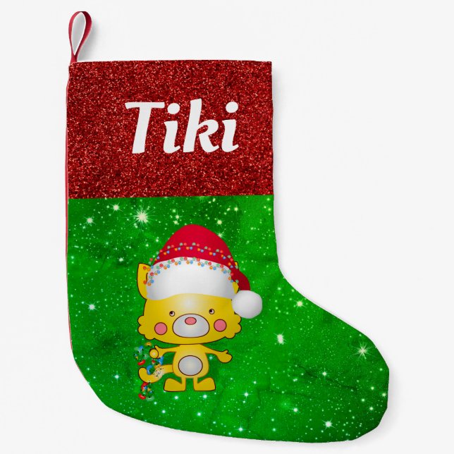 Cute Cartoon Cat Pet Name Small Christmas Stocking (Front)