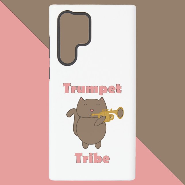 Cute Cartoon Cat Playing Trumpet Tribe Funny Samsung Galaxy S22 Ultra Case (A phone case with a happy brown cat playing the trumpet with the words trumpet tribe.)