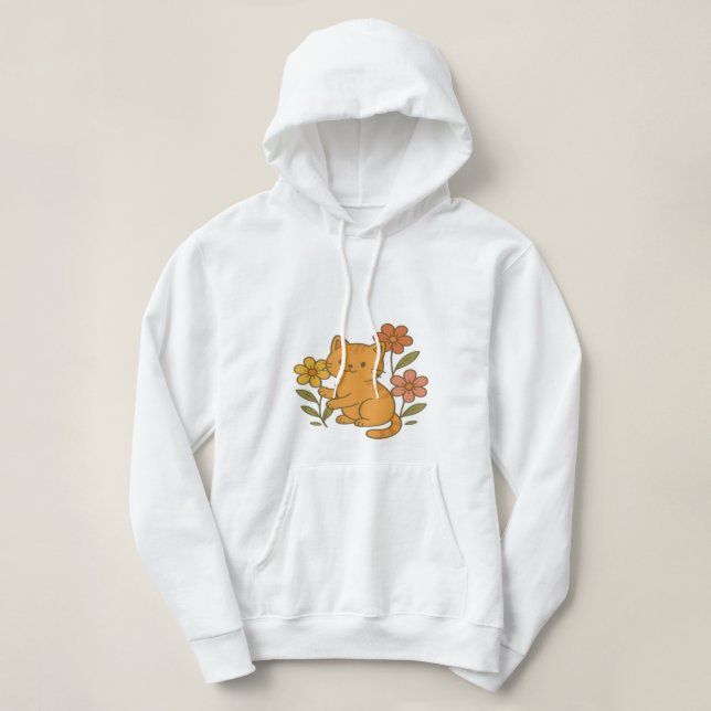 Cute Cartoon Cat Playing with Flowers Hoodie Desig (Design Front)