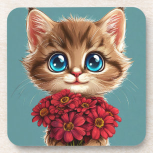 🐱 Cute Cartoon Cat Red Flower Home Gift 🌸 Coaster