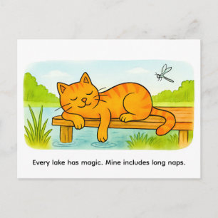 Cute Cartoon Cat Resting on Wooden Dock Postcard