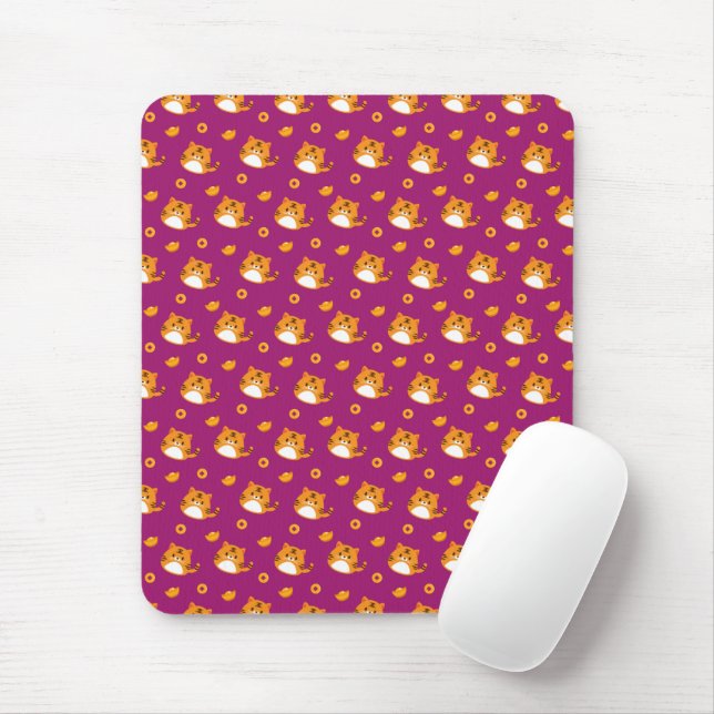 Cute Cartoon Cat Seamless Pattern | Kawaii Orange  Mouse Mat (With Mouse)