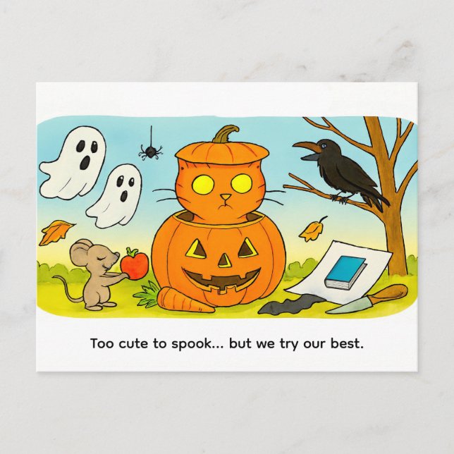 Cute Cartoon Cat Sitting in Pumpkin Costume Postcard (Front)