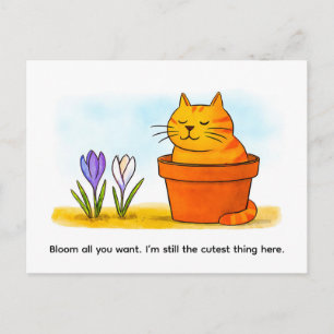 Cute Cartoon Cat Sitting in Spring Flowers Postcard