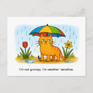 Cute Cartoon Cat Standing Under Colorful Umbrella Postcard