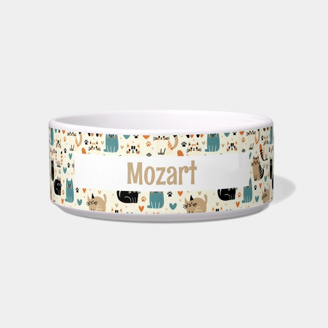 Cute Cartoon Cat Theme Personalised Name Pet Bowl (Front)