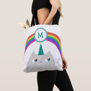 Cute Cartoon Cat Unicorn Rainbow Monogram Tote Bag