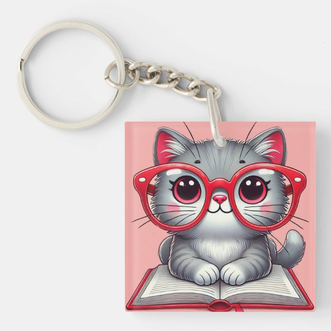 Cute Cartoon Cat Wearing Glasses Key Ring (Front)