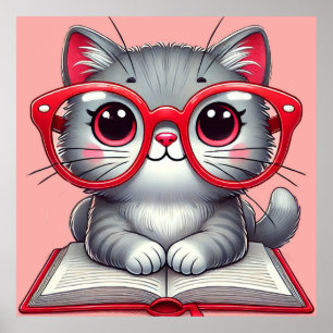 Cute Cartoon Cat Wearing Glasses Poster
