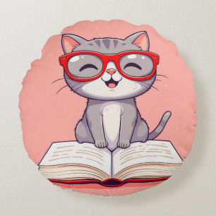 Cute Cartoon Cat Wearing Glasses Round Cushion