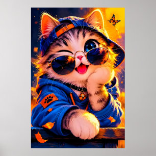 Cute cartoon cat wearing sunglasses  poster