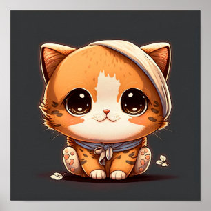 Cute cartoon cat with a bandage on his head. poster