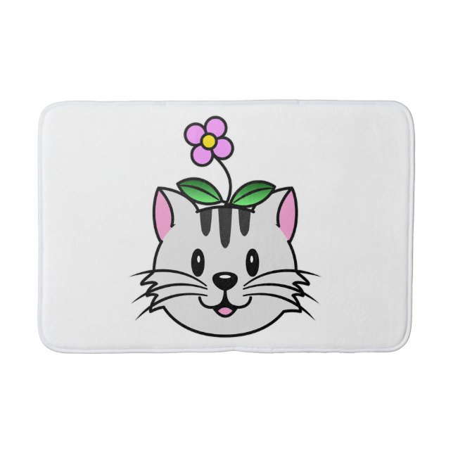 Cute Cartoon Cat with a Flower on Its Head Bath Mat (Front)