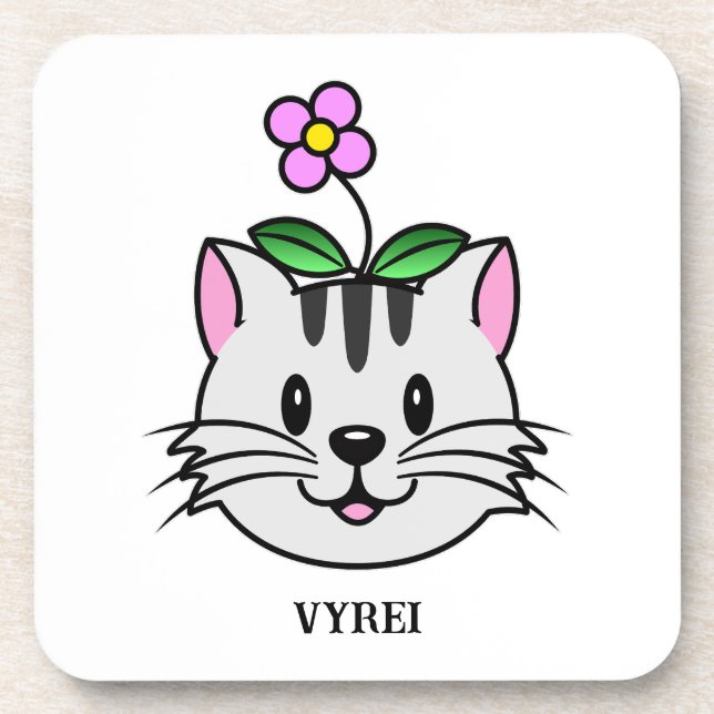 Cute Cartoon Cat with a Flower on Its Head Coaster (Front)