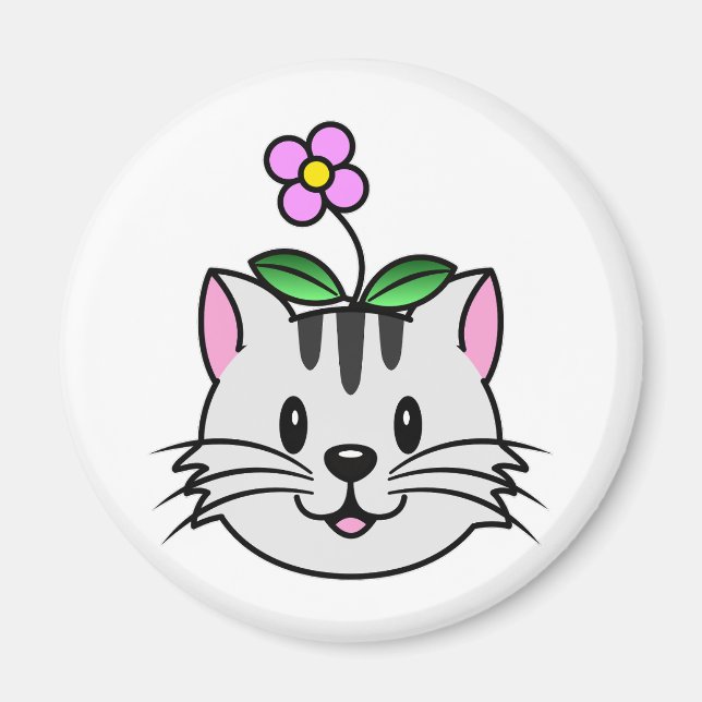 Cute Cartoon Cat with a Flower on Its Head Magnet (Front)