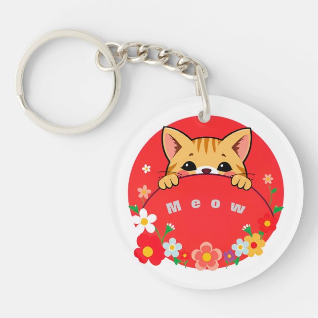 Cute Cartoon Cat with Bright Colours Key Ring (Front)
