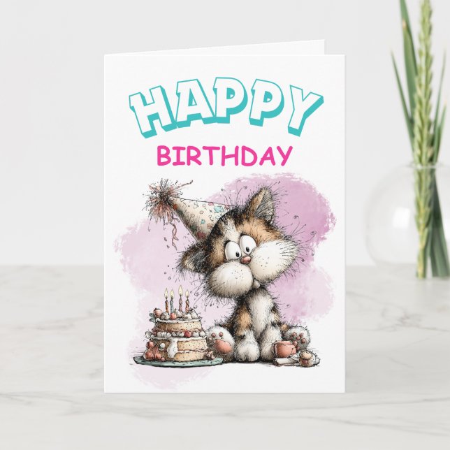 Cute Cartoon Cat with Cake Birtday Card (Front)