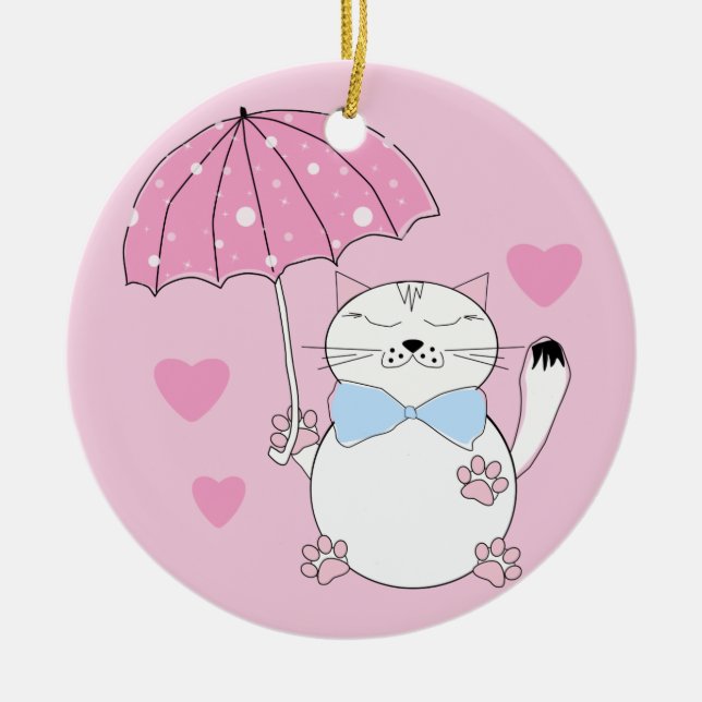 Cute cartoon cat with umbrella ceramic tree decoration (Front)