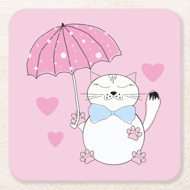 Cute cartoon cat with umbrella square paper coaster (Front)