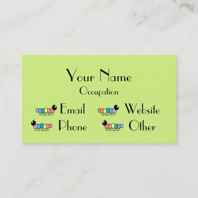 Cute Cartoon Caterpillars (Grass Green Background) Business Card (Back)