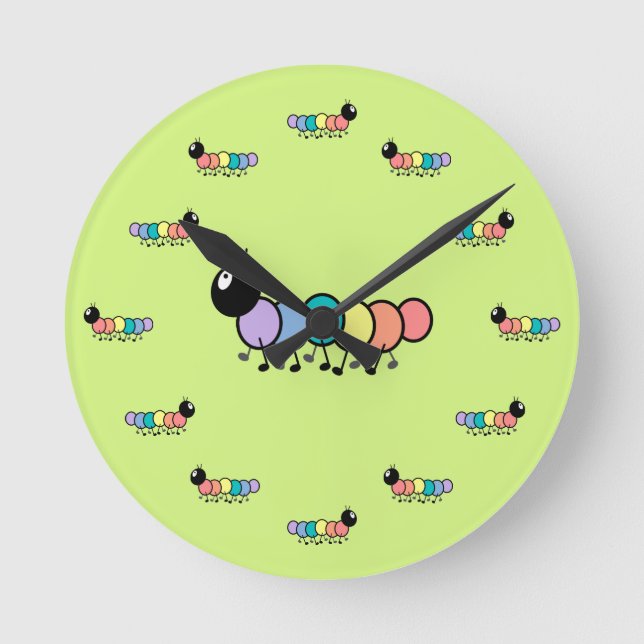 Cute Cartoon Caterpillars (Grass Green Background) Round Clock (Front)