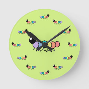 Cute Cartoon Caterpillars (Grass Green Background) Round Clock