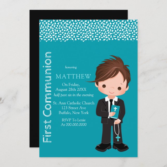 Cute Cartoon Catholic Boy First Communion  Invitation (Front/Back)