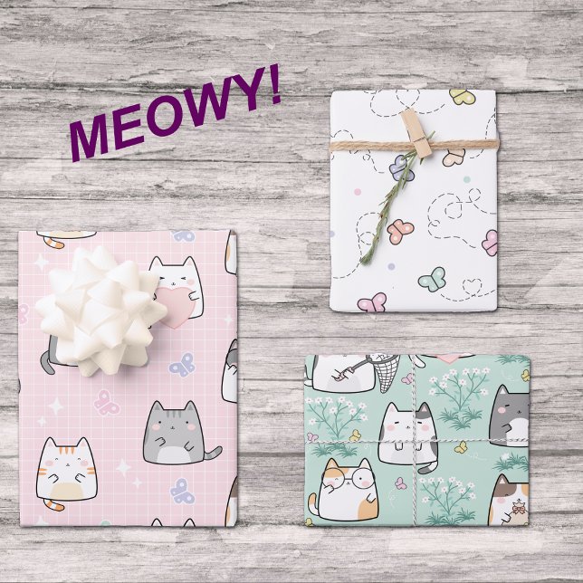 Cute Cartoon Cats and Butterflies Springtime Wrapping Paper Sheet (Creator Uploaded)