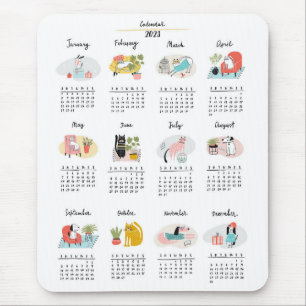 Cute Cartoon Cats and Dogs 2023 Calendar Mouse Mat