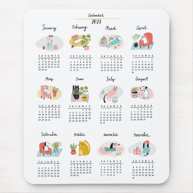Cute Cartoon Cats and Dogs 2023 Calendar Mouse Mat (Front)
