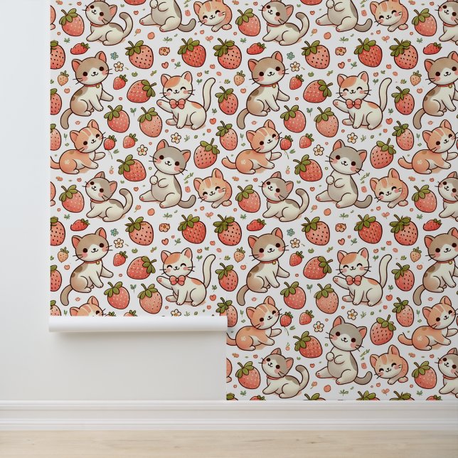 Cute Cartoon Cats and Strawberries Pattern Wallpaper (Application)