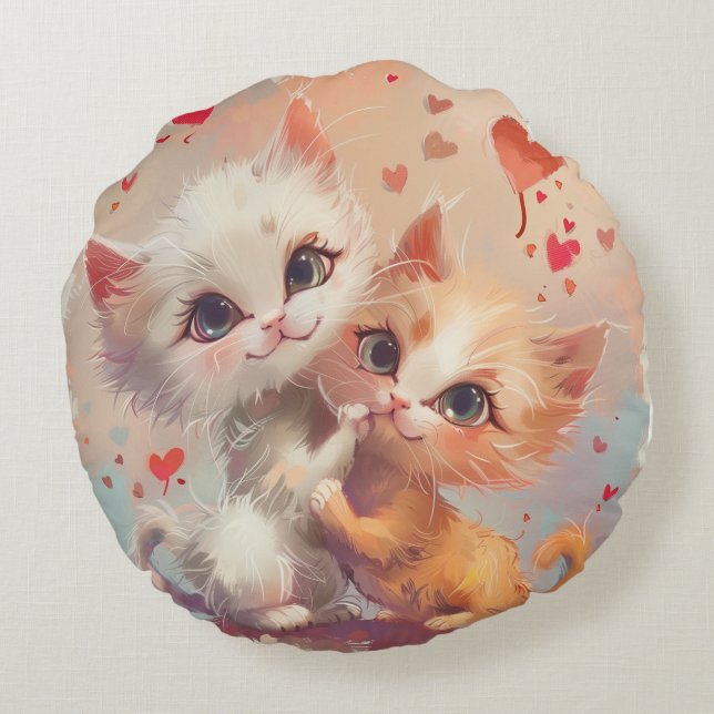 Cute Cartoon Cats Digital Art Round Cushion (Back)