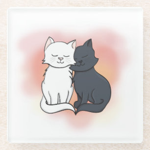 Cute Cartoon Cats in Love Glass Coaster