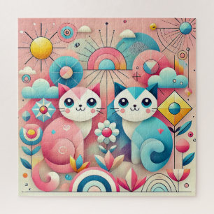 Cute Cartoon Cats in Nature Scene Jigsaw Puzzle