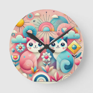 Cute Cartoon Cats in Nature Scene Round Clock