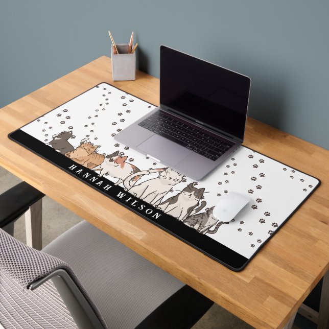 Cute Cartoon Cats Pattern | Monogram Desk Mat (Office 2)