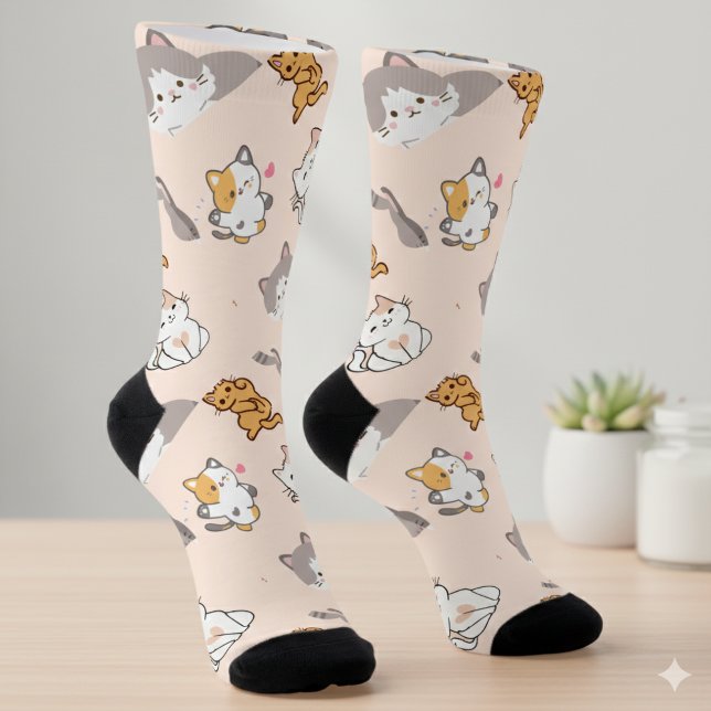 Cute Cartoon Cats Pattern Monogram Socks (Creator Uploaded)