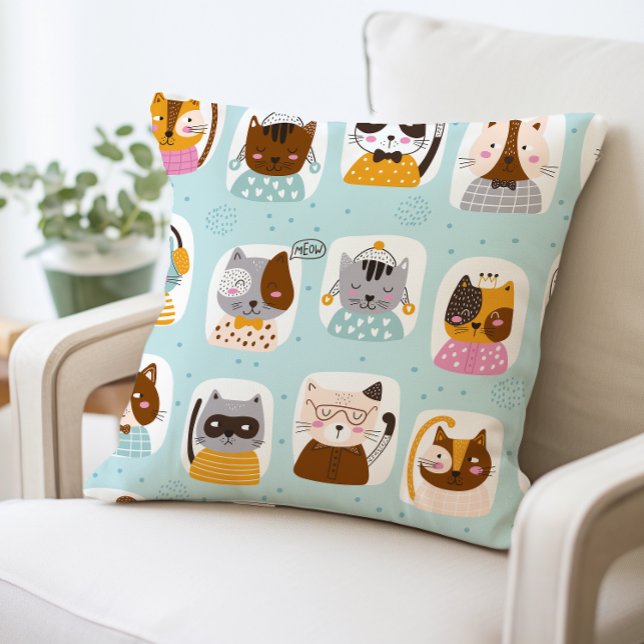 Cute Cartoon Cats Pillow, Funny Cat Faces  Cushion (Creator Uploaded)