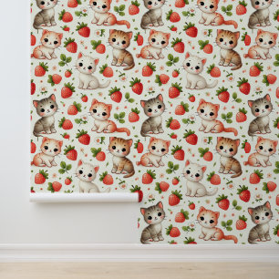 Cute Cartoon Cats with Strawberry Pattern Wallpaper