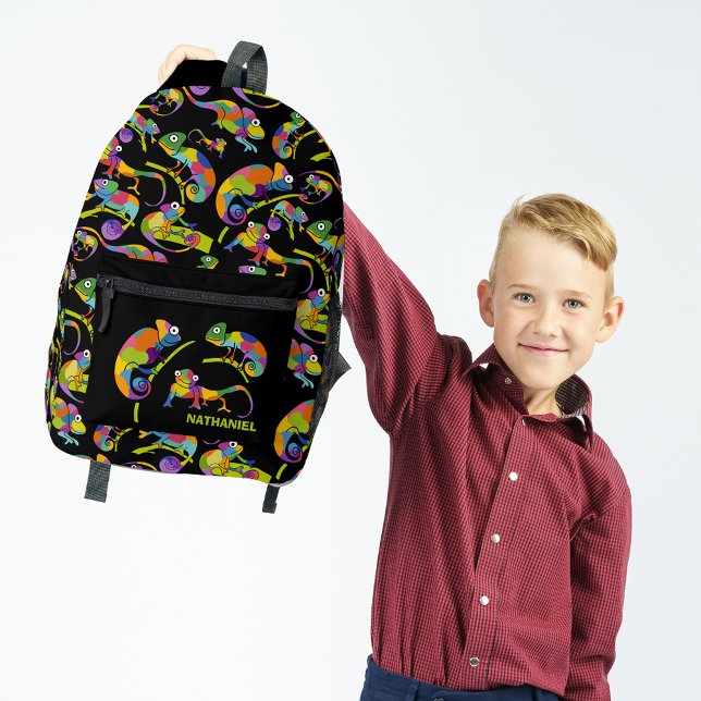 Cute Cartoon Chameleons Bright Colours, Black Printed Backpack (Creator Uploaded)