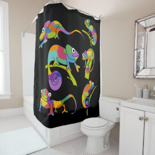 Cute Cartoon Chameleons Bright Colours on Black Shower Curtain